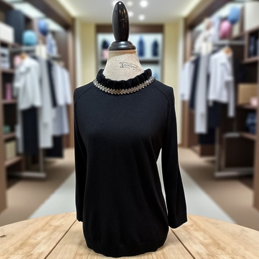 Talbots Petite Black Knit Beaded Ruffle Collar Cashmere Blend Top Women's Sz LP